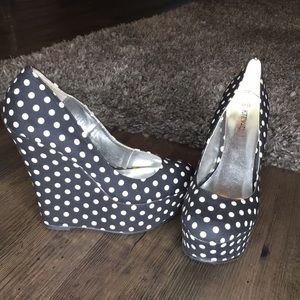 Black and white polka dot wedge heels